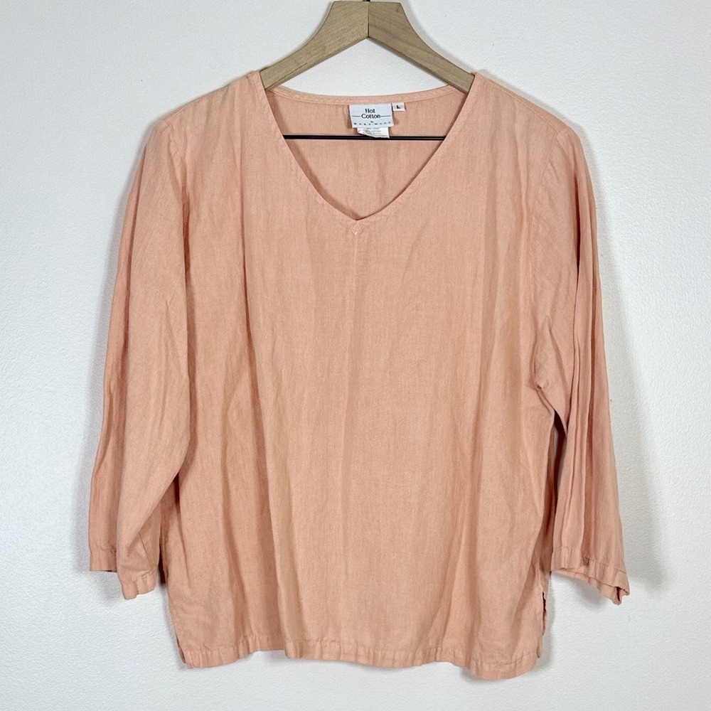 Hot Cotton Womens Linen Blend Boxy Fit Top L Peach V Neck Relaxed Lagenlook Boho
